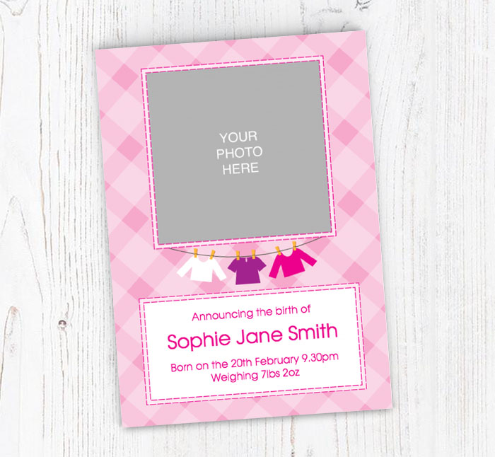 pink checked baby announcements