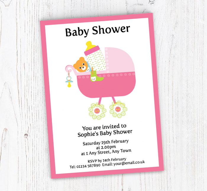 pink pram baby shower invitations