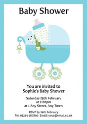 blue pram baby shower invitations
