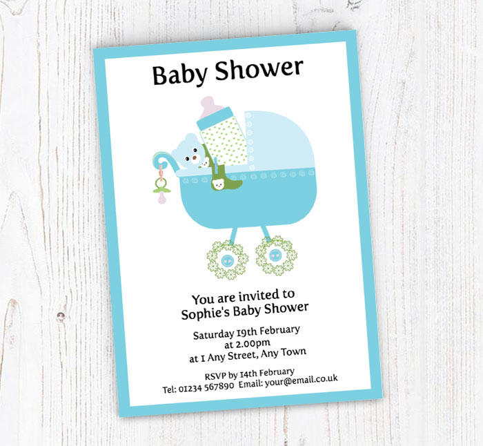 blue pram baby shower invitations