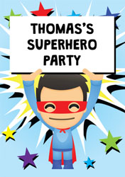 superhero holding sign invitations