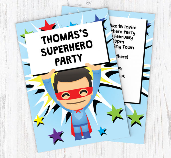 superhero holding sign invitations
