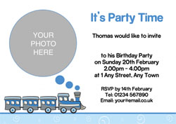 blue train photo party invitations