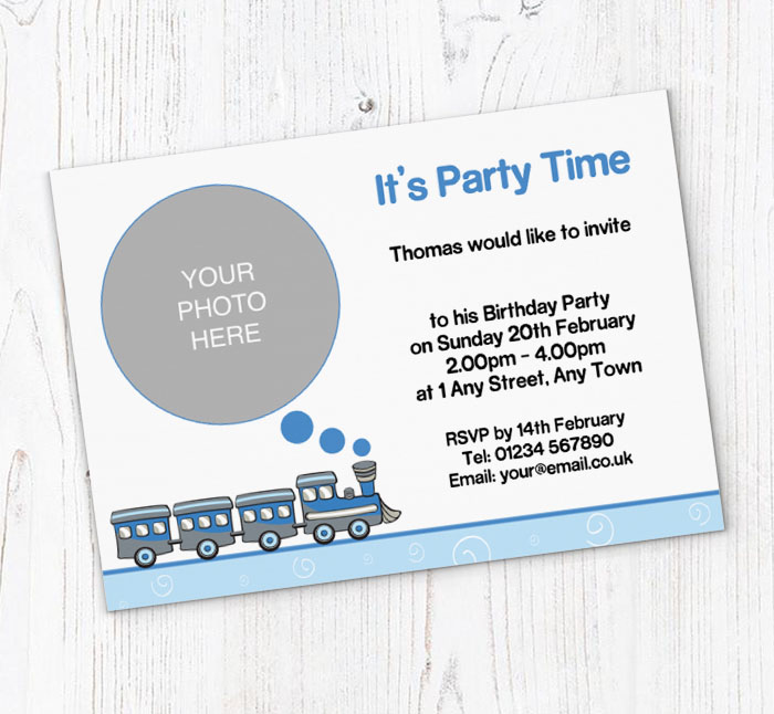 blue train photo party invitations