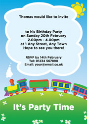 colourful train party invitations