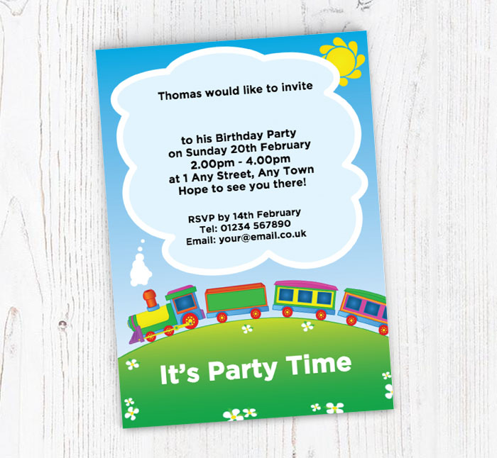 colourful train party invitations