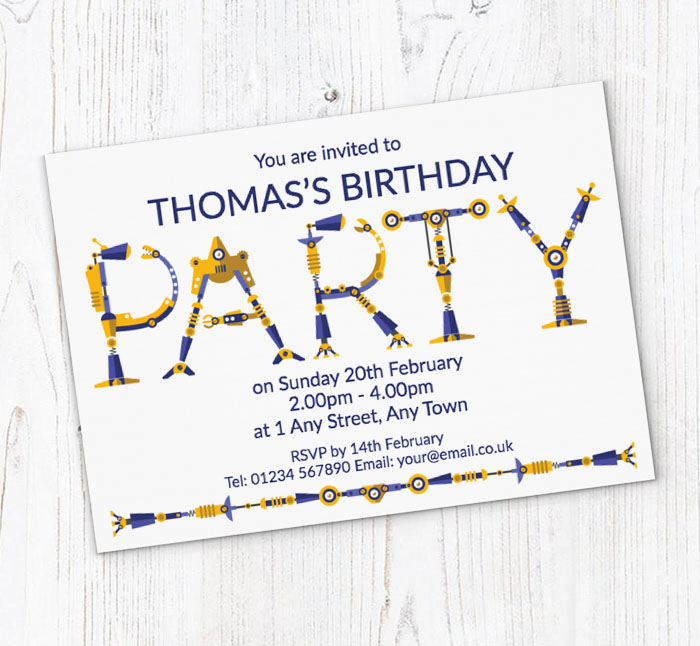 robot parts party invitations