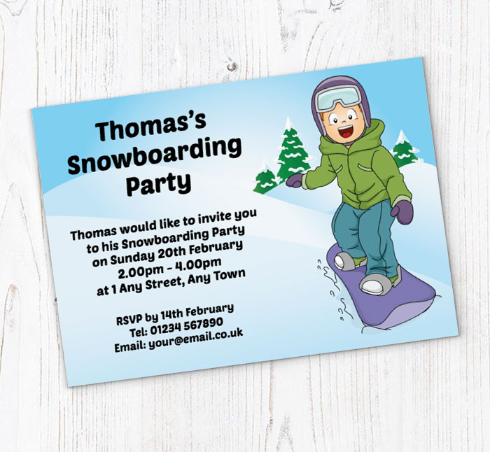 boy snowboarding party invitations