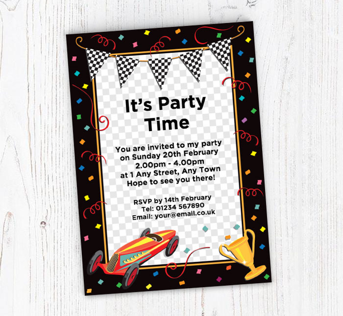 racing car and trophy invitations
