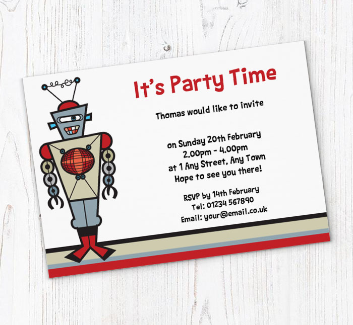 robot on stripes party invitations