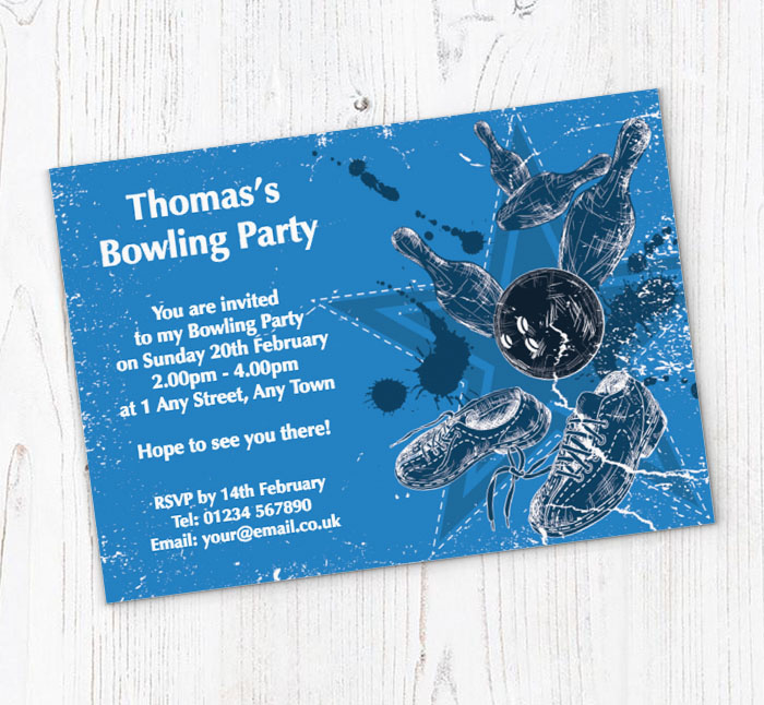blue bowling party invitations