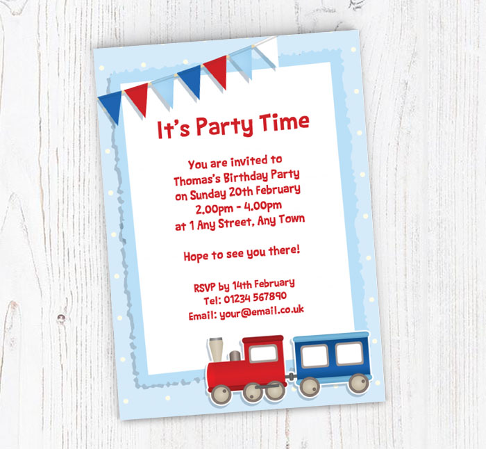 red and blue train invitations