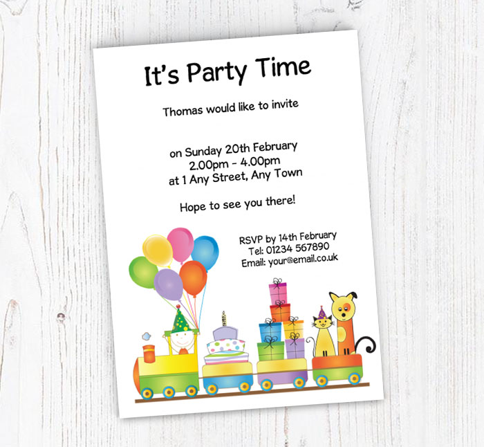 colourful birthday train invitations