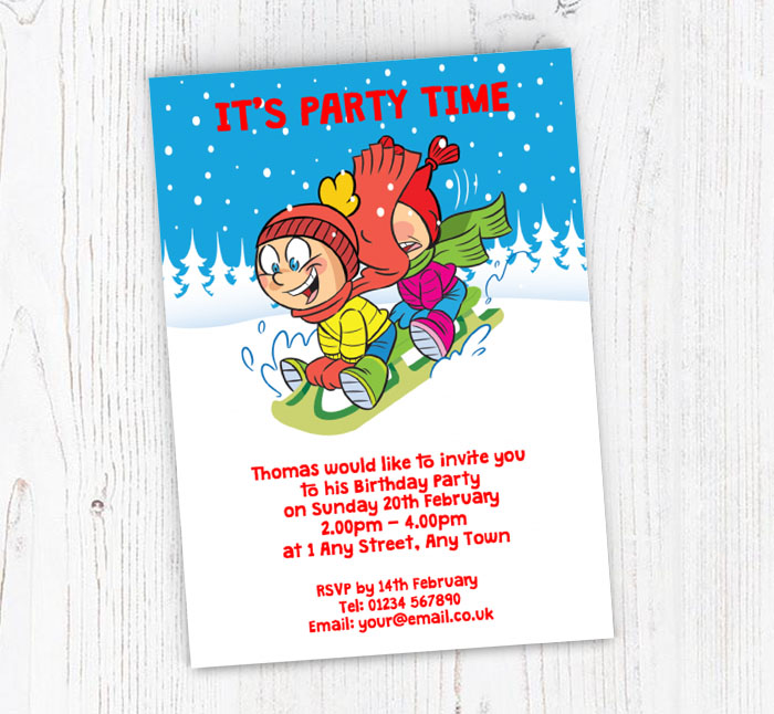 boy and girl sledging invitations