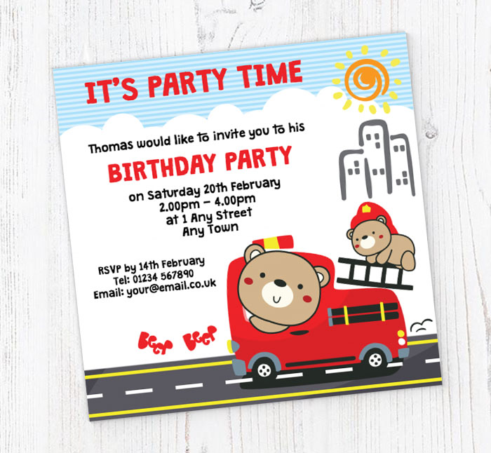 fire engine bear party invitations