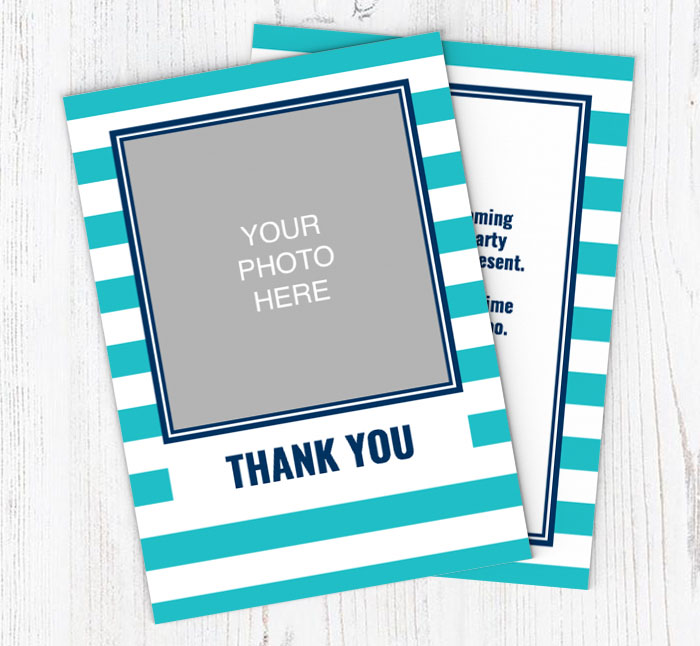 blue striped photo thank you cards