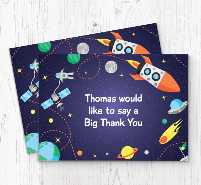 spaceship and planets thank you cards