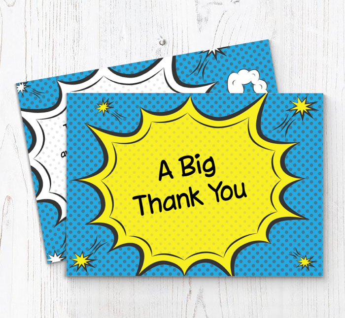 blue comic boom thank you cards