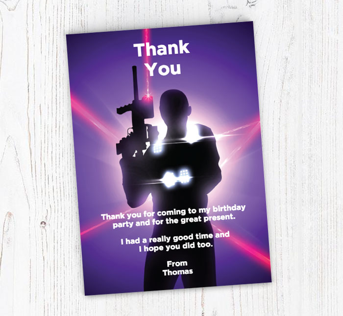 purple laser tag thank you cards