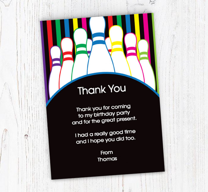 multi coloured bowling thank you cards