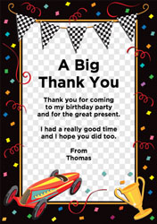 racing car and trophy thank you cards