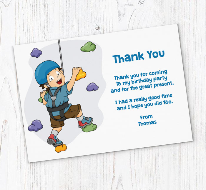 boy on climbing wall thank you cards