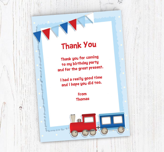 red and blue train thank you cards