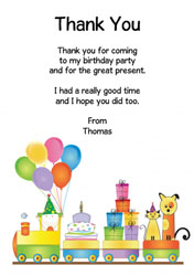 colourful birthday train thank you cards