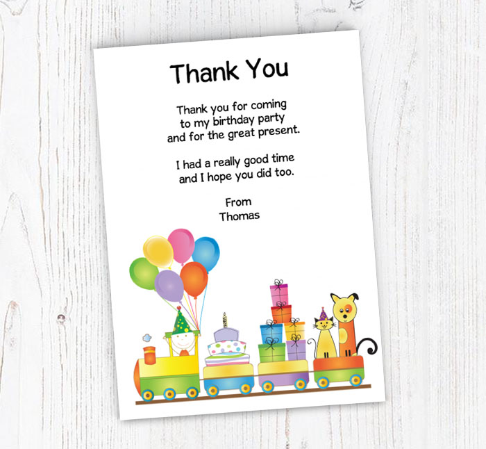 colourful birthday train thank you cards