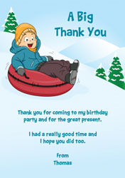 boy riding snow tube thank you cards