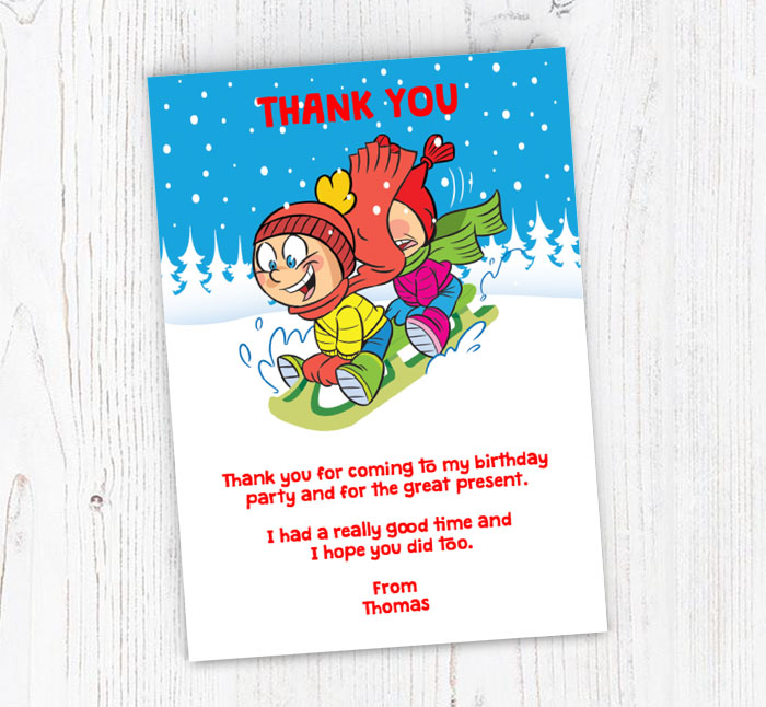 boy and girl sledging thank you cards