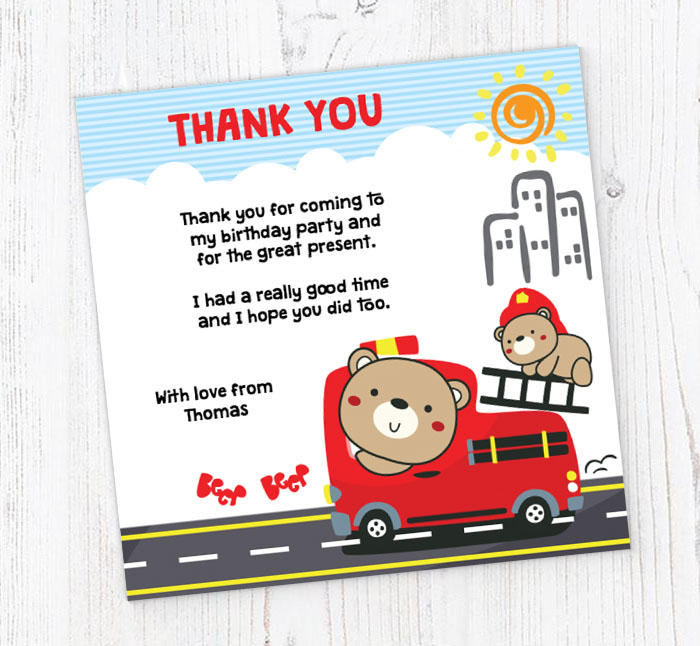 fire engine bear thank you cards