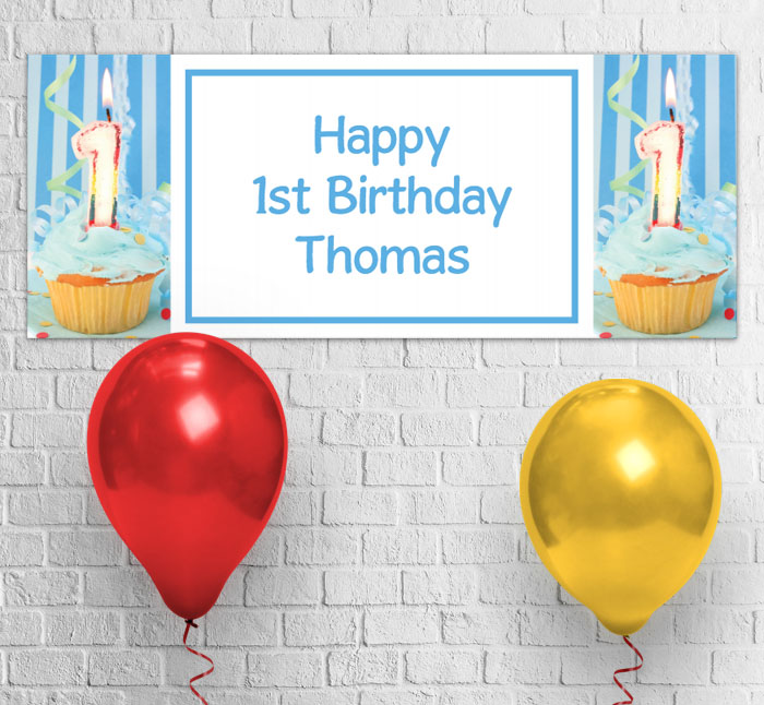 1st birthday blue cupcake party banner