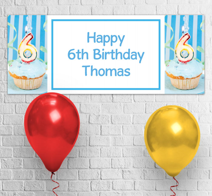 6th birthday blue cupcake party banner