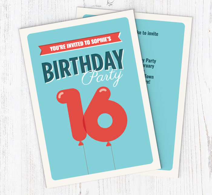 16th balloons party invitations
