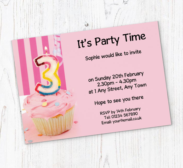 3rd birthday pink cupcake invitations