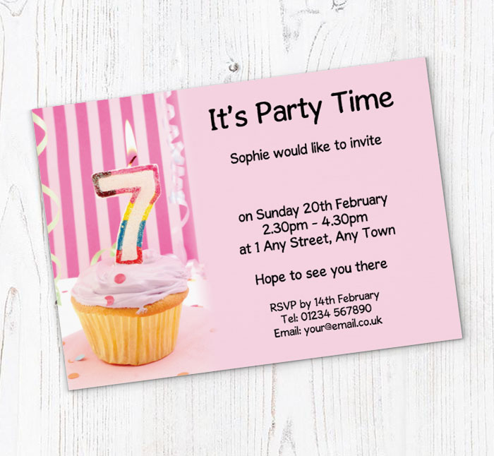 7th birthday pink cupcake invitations