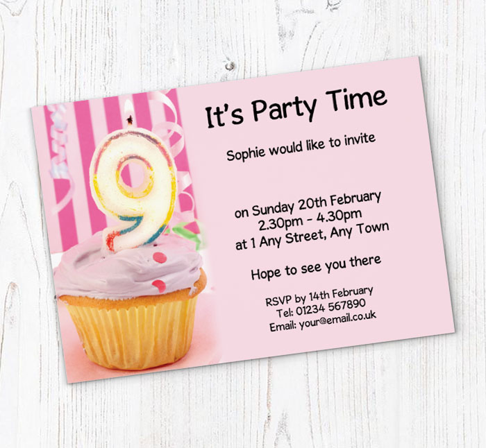 9th birthday pink cupcake invitations