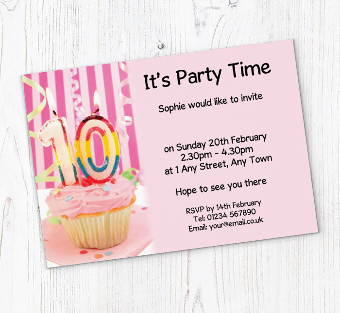 10th birthday pink cupcake invitations