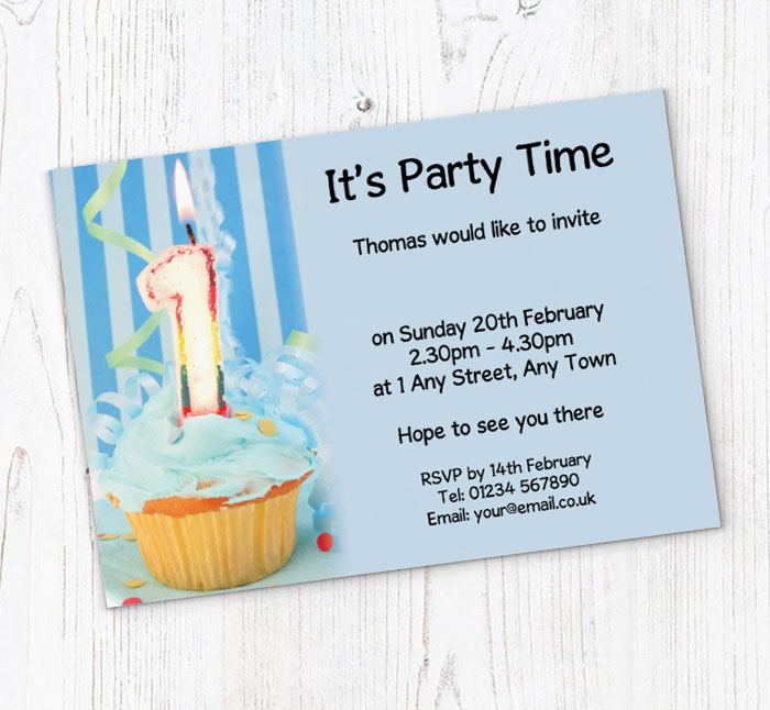 1st birthday blue cupcake invitations