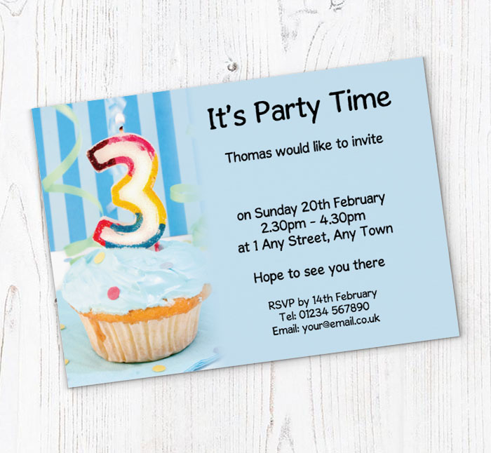 3rd birthday blue cupcake invitations