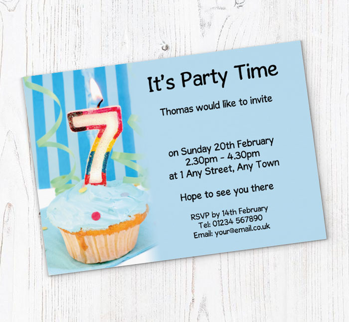 7th birthday blue cupcake invitations