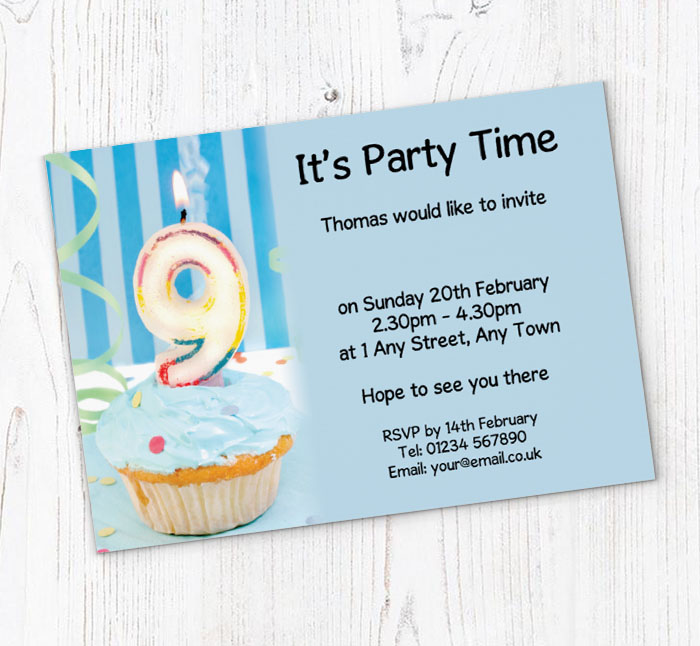 9th birthday blue cupcake invitations