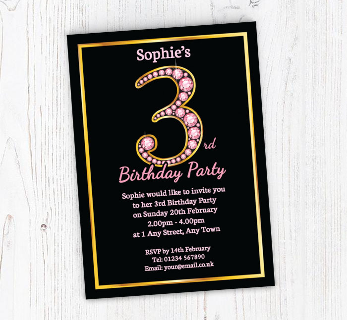 pink diamonds 3rd birthday invitations