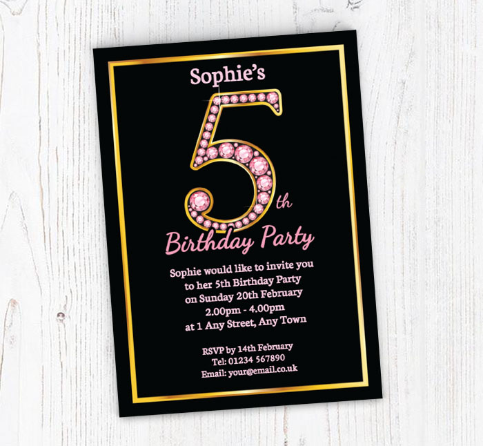 pink diamonds 5th birthday invitations