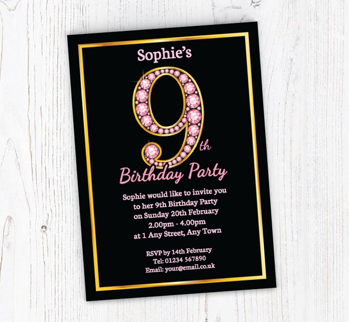 pink diamonds 9th birthday invitations