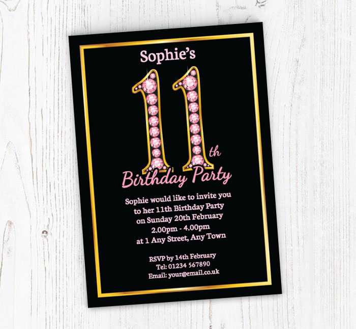 pink diamonds 11th birthday invitations