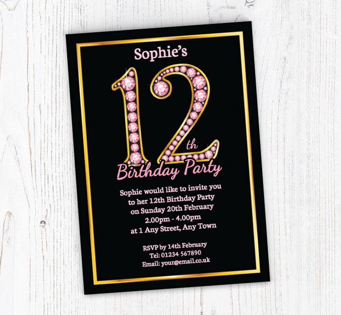 pink diamonds 12th birthday invitations