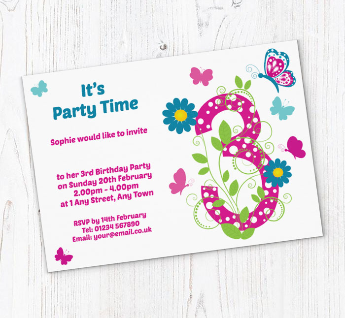 butterfly 3rd birthday party invitations