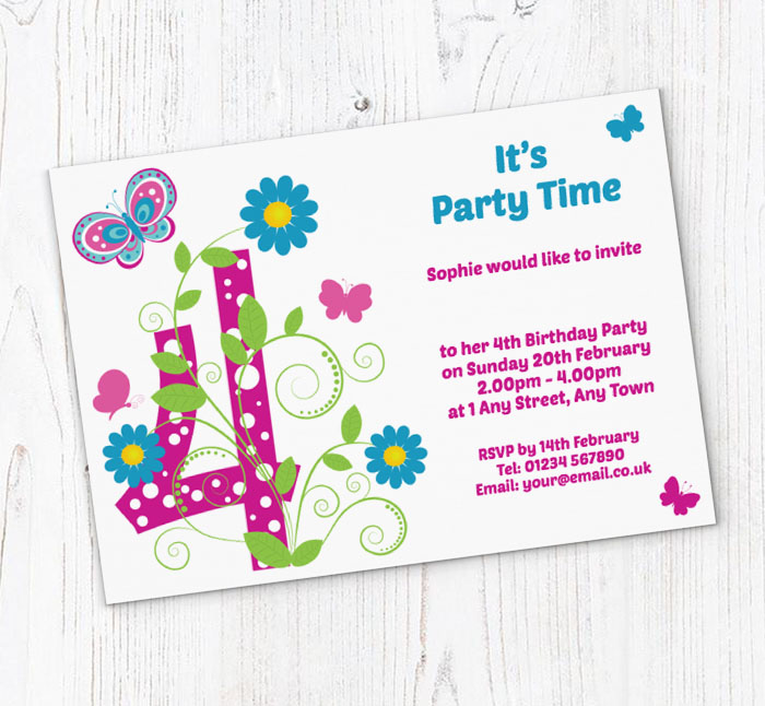 butterfly 4th birthday party invitations